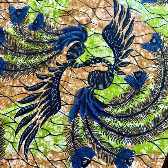 VTG Cotton 66" x 44" Cotton Peacock Guaranteed Wax Print Fabric Tan Blue Green - Picture 8 of 8
